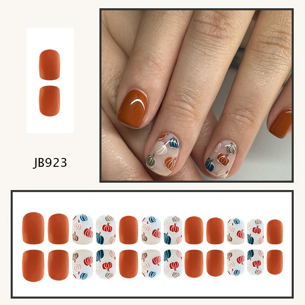 TEMU 24pcs Short Square Press-on Nails - Autumn Thanksgiving Pumpkin & Maple Leaf Design, Glossy Finish, Mixed Brown & Orange Colors, Removable Fake