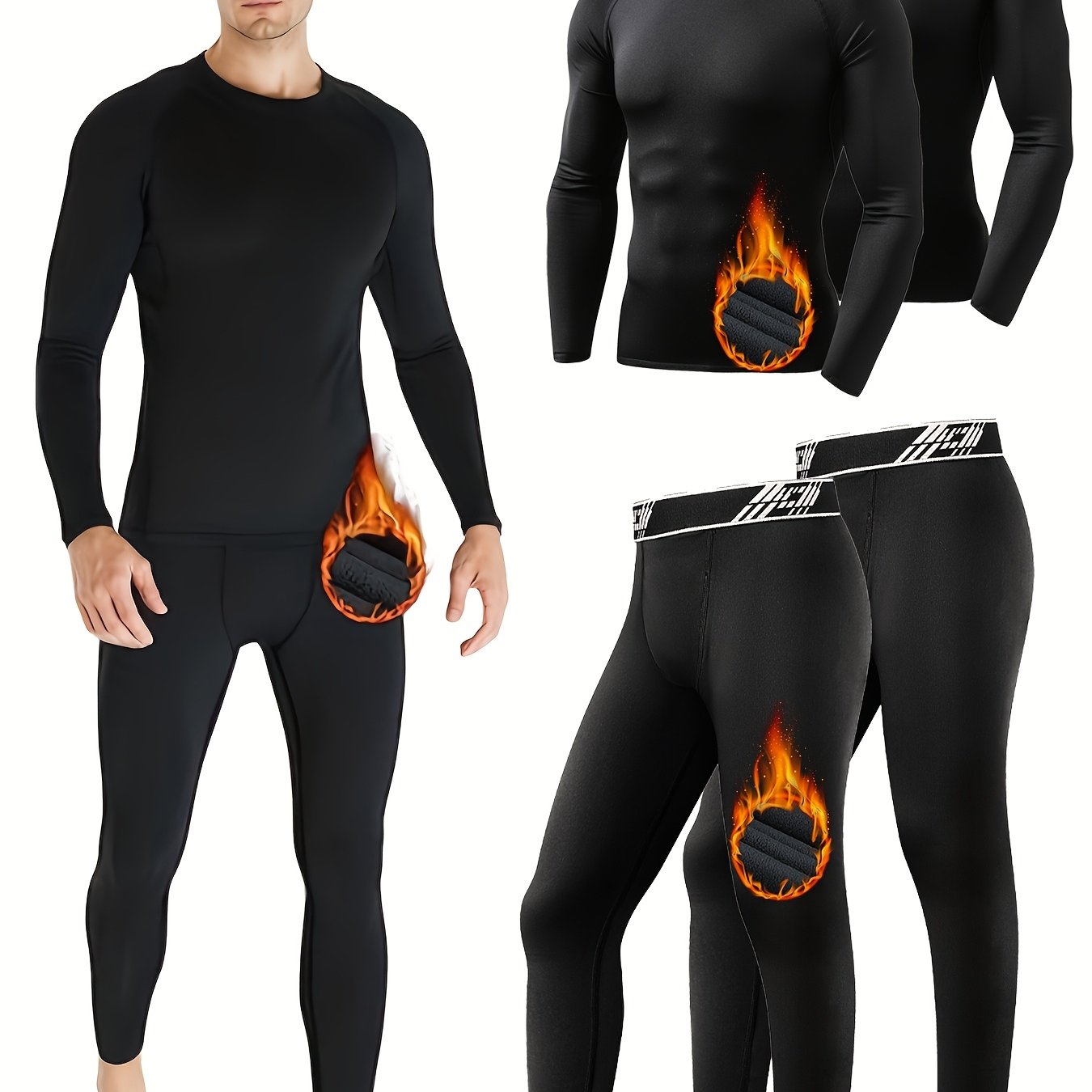 TEMU 2 Set Mens Thermal Underwear Fleece Lined Long Johns 4pcs Base Layer Shirts Pant For Weather