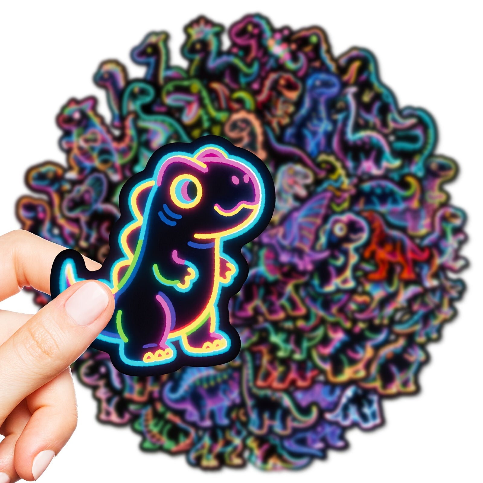 TEMU 56pcs Neon Glow Dinosaur Stickers - Self-adhesive Reusable No Residue, Multicolor -the-dark With Flash Effect, Irregular Shapes & Glossy Finish