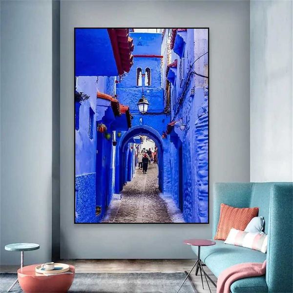 Chefs Blue City Poster Modern Morocco Travel Art Print Boho Blue Landscape Wall Decor Off Canvas Painting This Deco Y250122