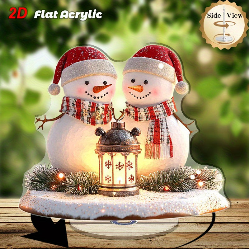 TEMU 2d Flat, 1pc Rotating 2d Flat Acrylic Desktop Decor - Christmas With Santa Hats & Scarves, Led-illuminated Lantern & Pine Branches, No