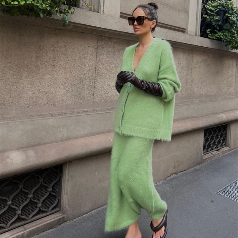 Elegant Solid Mohair Skirt Set Autumn Knit V Neck Cardigan Sweater 2 Piece Female Loose Long Skirts Fashion Party Suits y241010