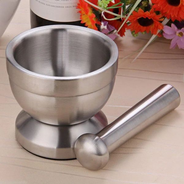 Double Stainless Steel Garlic Grinder Metal Mortar Salt And Pestle Pedestal Bowl Garlic Press Pot Herb Pepper Spice Grinder Pot 240808