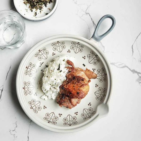 Japanese Style Ceramic Food Serving Plate with Handle Bakeware Baking Dish 20.5cm Dinner Plate Pan Dish for Pie Pizza Pasta X250129
