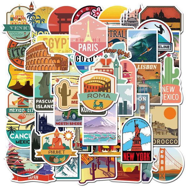 50 travel city scenery graffiti stickers, lage suitcases, skateboards, laptops, waterproof stickers
