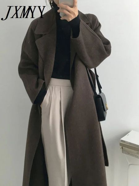 JXMYY French Lazy Style Warm Womens Fresh Winter Classic Belt Retro Loose Womens Wool Coat Fashion Casual Long Coat 241122
