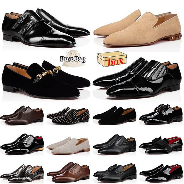 Designer Luxury Red Bottoms Loafers Mens Dress Shoes Classic Pointed Toe Black Suede Patent Leather Rivets Glitter Loafer Men Fashion Sneake