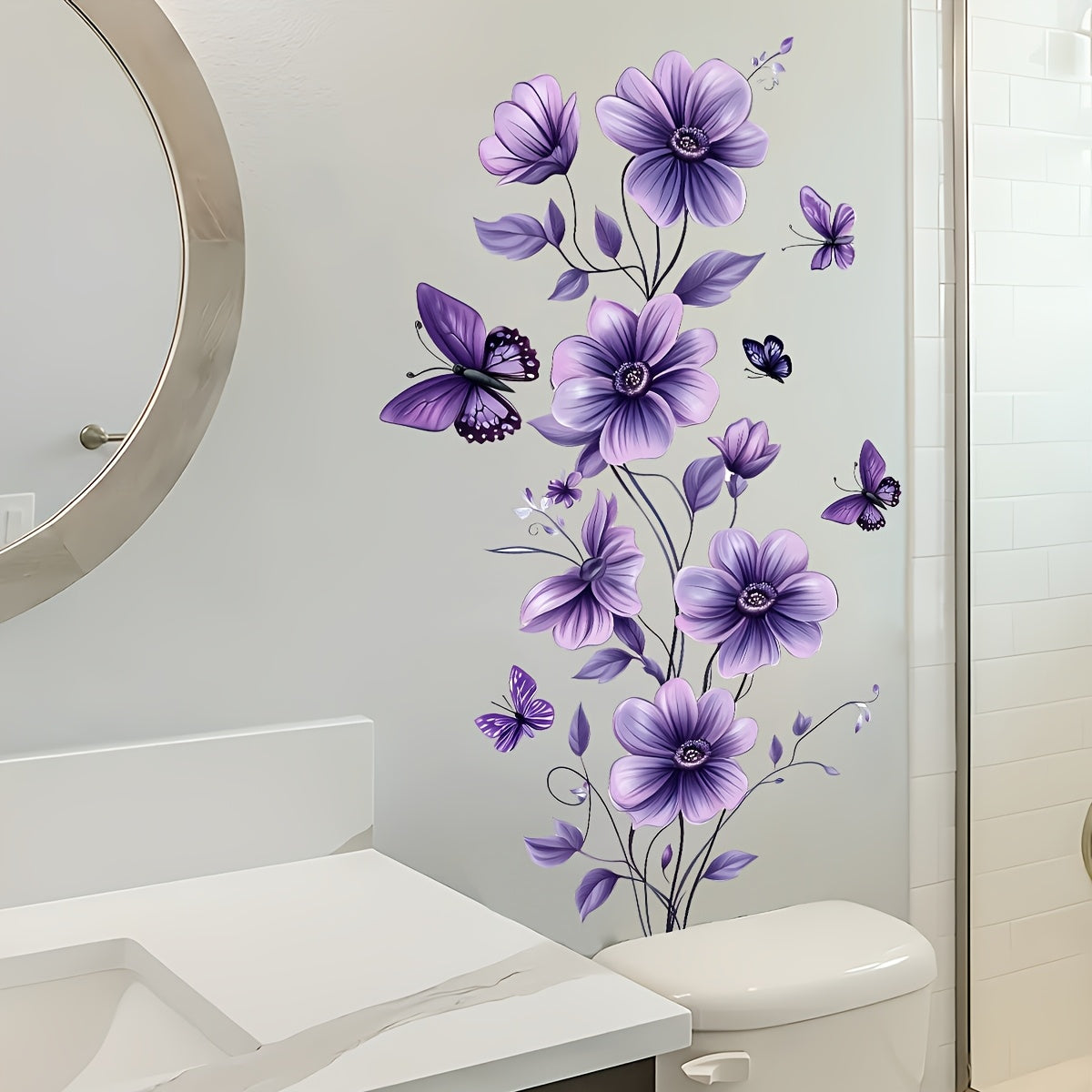 TEMU 1pc Bohemian Style Purple & Floral Wall Sticker - Self-adhesive Pvc Decal For Bedroom, Living Room, Bathroom - Removable Ceramic Backdrop With