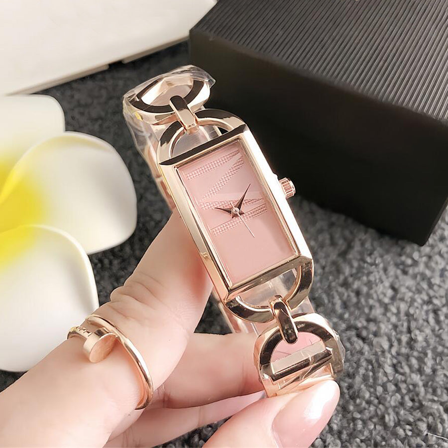 Fashion Brand Wrist Watch Women Girl Large Letters M Rectangle Style Steel Metal Band Quartz Clock M185