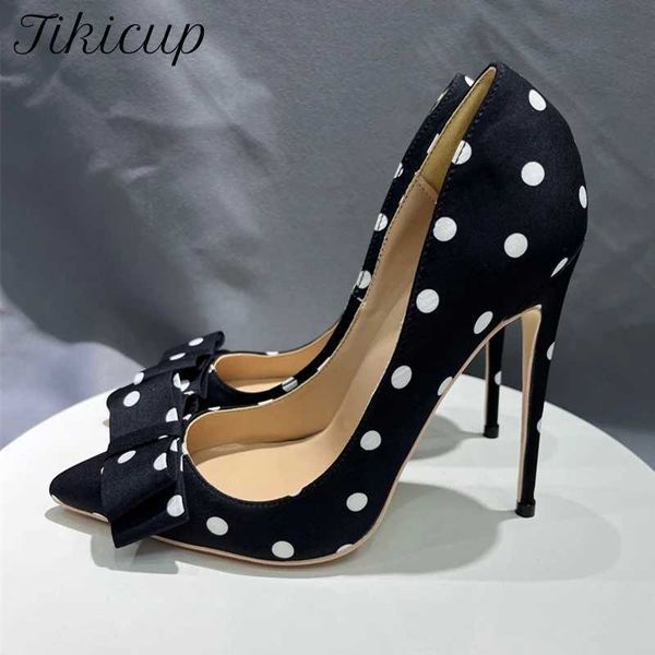 Tikicup Polka Dot Women Women Black Cetin Stiletto Helto Saltos Altos com Bowknot Chic Ladies Designer Dress Shoes Ponto Toe Bombas de seda
