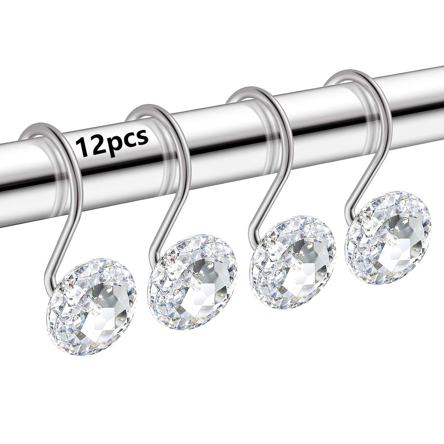 TEMU 12pcs Stainless Steel Shower Curtain Hooks With Clear Acrylic Gemstones - Elegant Bathroom Accessories For Curtains & Rods, Rod Decoration |