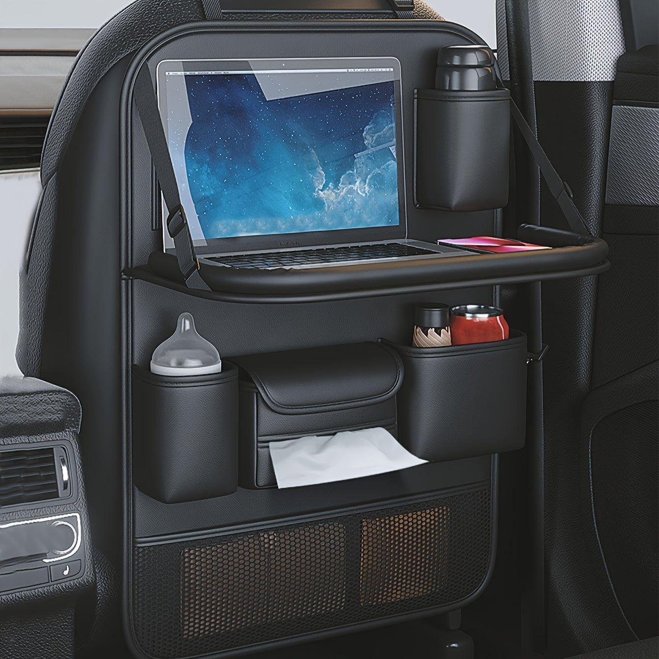 TEMU 1pc-2pcs Heavy-duty Pu Leather Car Backseat Organizer With Foldable Table Tray - Cars, Multi-pocket Storage With Cup Holders, Tablet Holder &