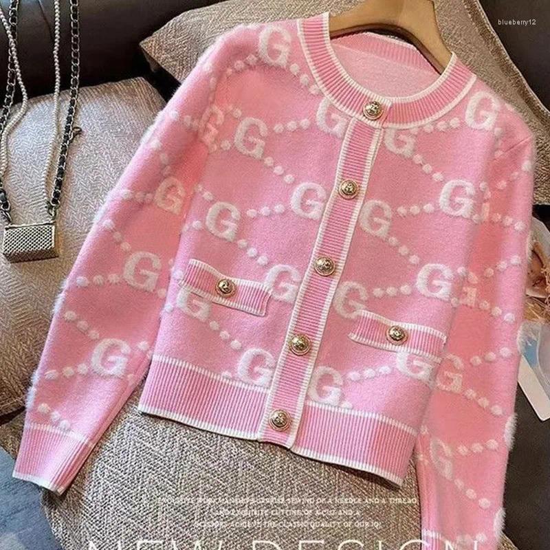 Women&#039;s Knits Winter Sweet Buttons O-neck Sweaters Fashion Letter Patchwork Knitting Cardigan Coat Top Tee