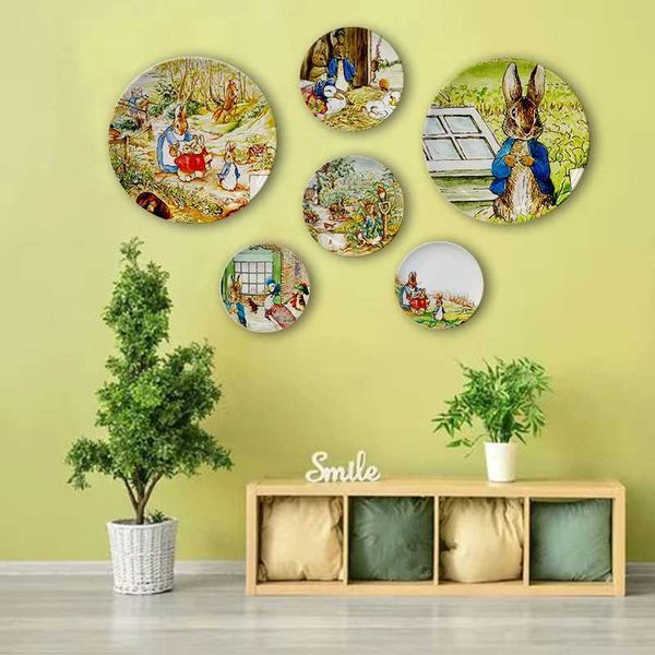 Decorative Plates British Cartoon Illustration Plate Cute Fairy Tale Rabbit Wall Decorative Art Ceramic Plate Living Room Round Tray Ornamen