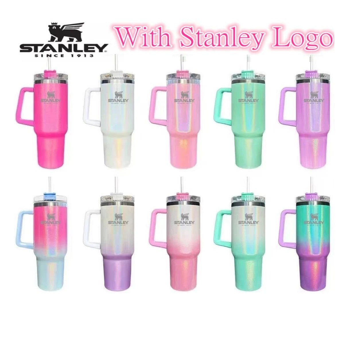DHL Ship 1Pc With Stanley logo Tumblers !In stock! Sublimation 40oz Glitter Tumblers With Handle Stainless Steel Insulated Travel Coffee Mugs GG0802