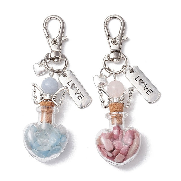 Natural Aquamarine & Rhodonite Chip inside Angel Wishing Bottle Pendant Decorations