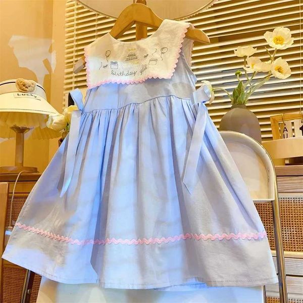 Girls Casual Dresses New Summer Blue Dress Baby Doll Collar Vest Round Collar Fashion Simple Childrens Clothing Lovely M250114