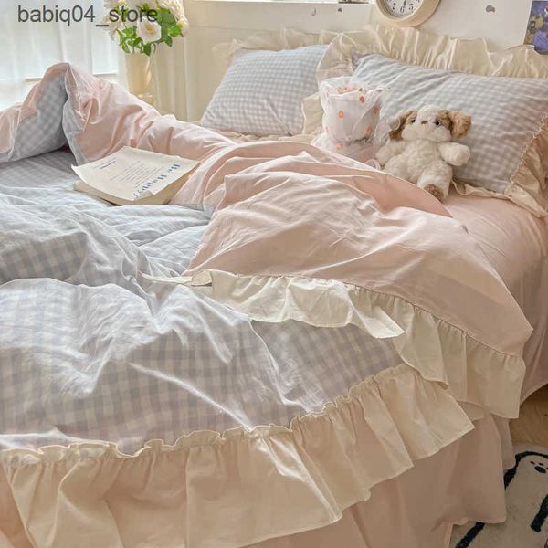 Bedding sets Korean Princess Style Bedding Set Soft Skin-friendly Lattice Lace Ruffles Quilt Cover Plaid Style Duvet Covers Set cases L24091
