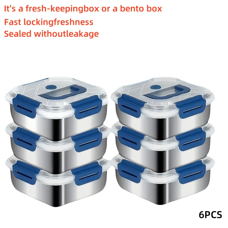TEMU 1-3-6pcs Stainless Steel Food Storage Container With Blue Lid, Deepened And Increased Capacity, Suitable For Refrigerator Fresh-keeping Boxes,