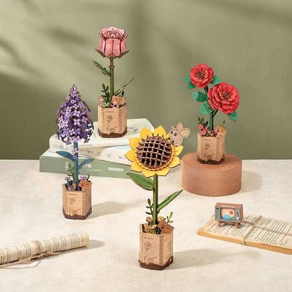 Building block Eternal Flower 3d Building Blocks The Suower Roses Woodworking Flower Bouquets Art Flowers 3d Puzzles Wooden Toys Gifts Z2411