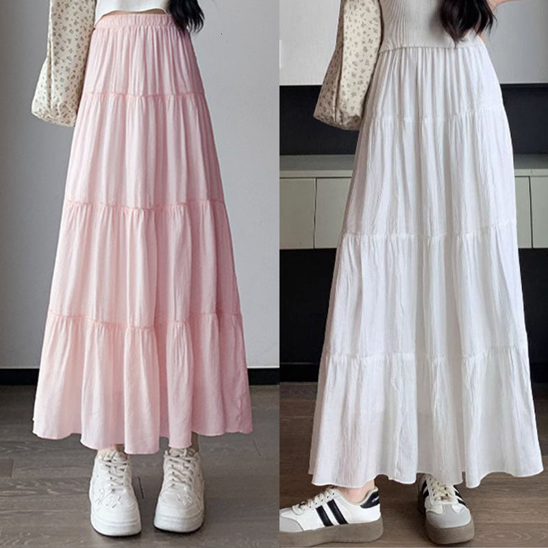 Summer Girls High Waist Korean Basics Sim Fit Skits Lady Pleated Long Skirts Woman Sweet White Pink Mori Girl Style A e Dress
