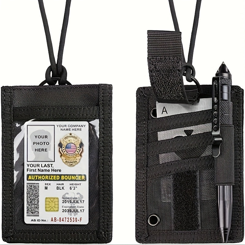 TEMU 1 Tactical Id Card Holder With Hook & Loop Patch, Rip-away Design, Adjustable Neck Lanyard, And Multiple Compartments - Black Nylon Badge Holder