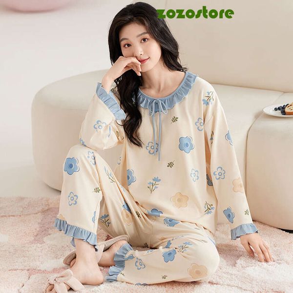 Blue Flower Pajamas Set Women Sleepwear Long Sleeves Long Pants Autumn Winter Cute Pijamas Cozy Pyjamas Soft Pj Girls Kawaii Pjs 44