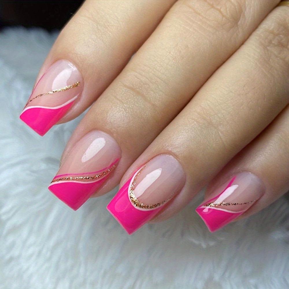 TEMU 24pcs Pink Short Square Nails French Edge Golden Glitter Pressed On Suitable For Women And S