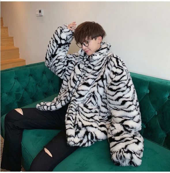 Men Winter Faux Fur Furry Coat Loose Male Leopard Print Tiger Stripe Jacket Oversize Harajuku Outerwear Xxxl Windbreaker 240826