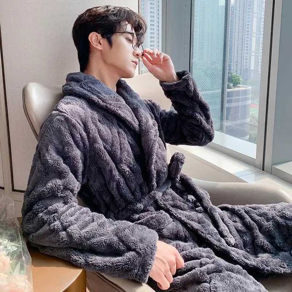 PLUS SIZE 3XL Winter Men Kimono Bathrobe Gown Thickened Flannel Robe Sleepwear Grey Warm Coral Fleece Home Wear Loose LoungewearXJ241018