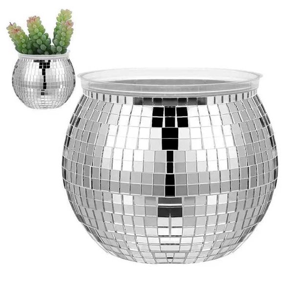 Vases Disco Ball Flower Pot Silver Mirror Glass Ball Flower Vase Planter Ball Plant Holder Planter Decor Vase for home bar party decor z2412