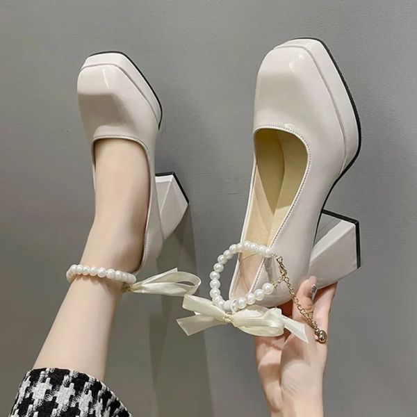 Plus Size High for Women 2024 Autumn Pearl Chain Thick Heel Mary Jane Pumps Fashion Platform Dress Shoes 13db