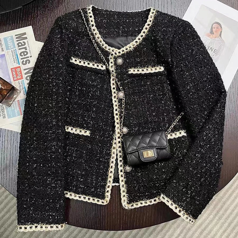 Black Short Jacket Women Temperament Elegant Tweed Jackets for Women Autumn and Winter Korean Office Lady Cropped Outerwear 240821