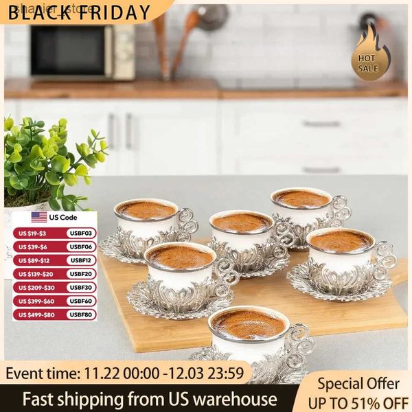 Coffee Tea Sets White ceramic and zinc metal with Trkiye Motifs coffee machine tea set Trkiye coffee cup set 6 cups and sauce (silver) tea b