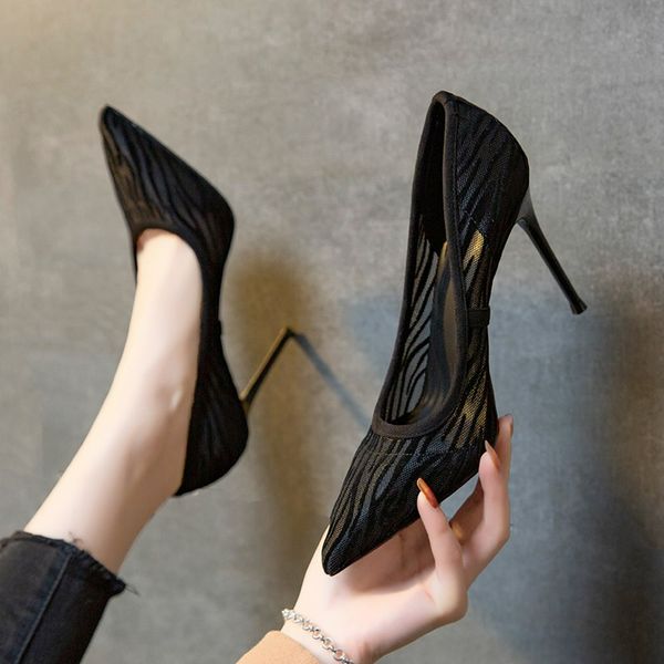 Black New Thin Heels Pumps Women Pointed Toe High Heel Work Dot Mesh Vintage Elegant Shallow Stiletto Wedding Dress Shoes 707b