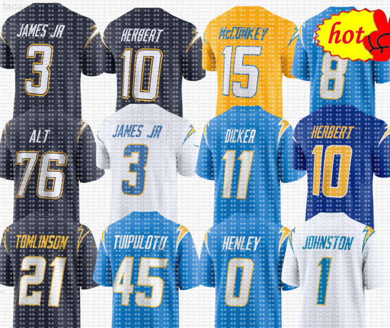 nfl Chargers Jersey LaDainian Tomlinson Junior Seau Justin Herbert 15 Ladd McConkey Derwin James Jr Cameron Dicker Daiyan Henley Joe Alt Omarion Ham