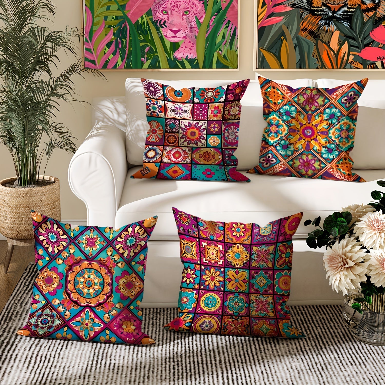 TEMU 4pcs Vibrant Mandala & Checkered Cushion Cover Set - Bohemian Style Modern Decorative Pillowcases For Sofas, Living Rooms, Outdoor - 18" "