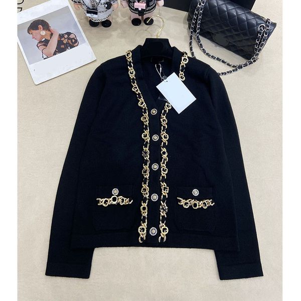 Designer Autumn Winter Black Gold Chain Knitting Cardigan Sweater Coat Women&#039;s Long Sleeve Button Pockets Straight Sweater