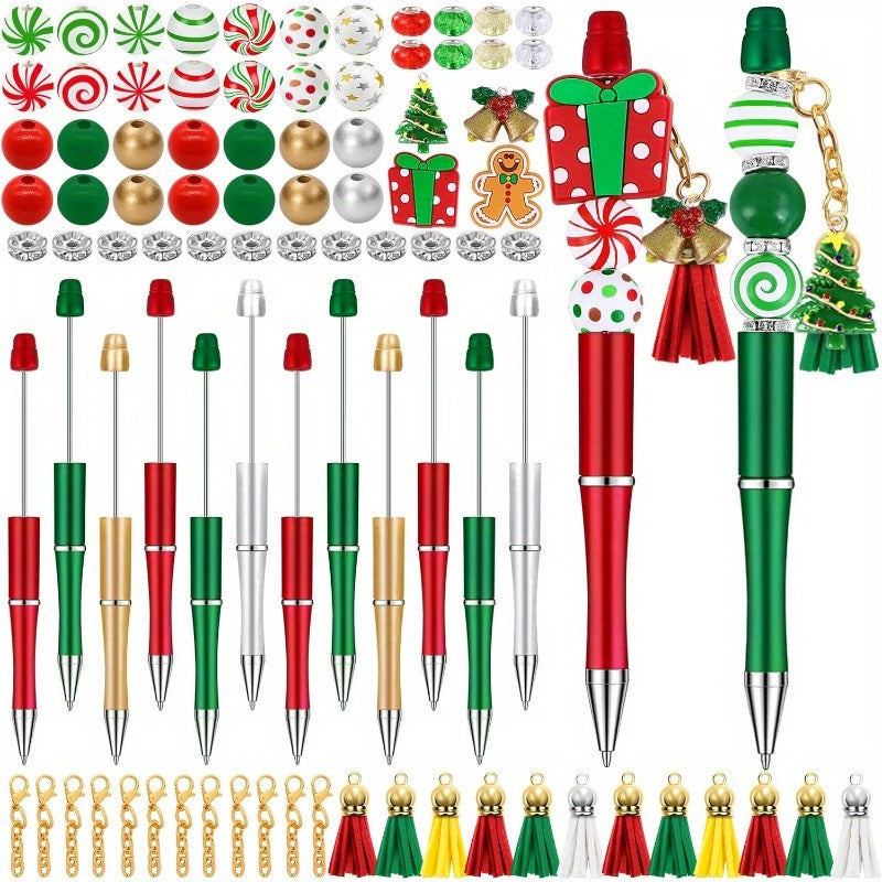 TEMU 12 Set Christmas Beadable Pens Plastic Bead Pens Winter Gingerbread Man Bulk Ballpoint Diy Making Kit With Pendants Lobster Clasps For Students