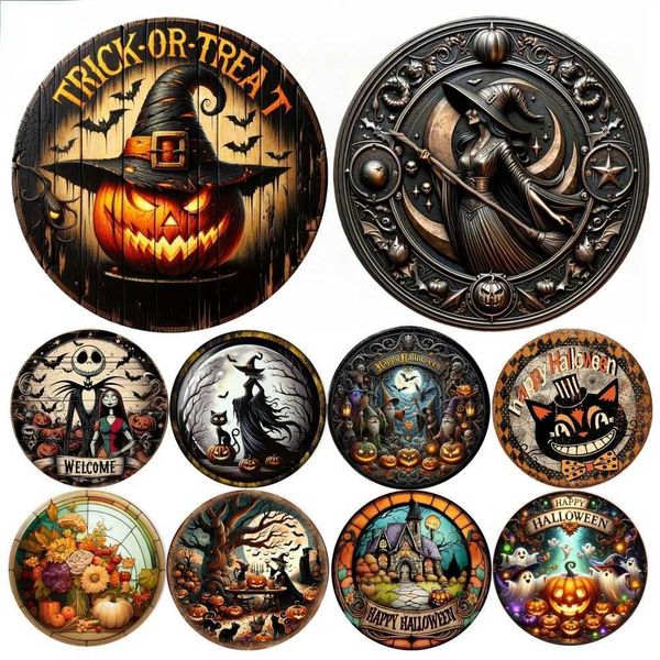 Round Metal Aluminum Sign Art Halloween Wreath Decorative Plates Entrance Decor Gift Mask Theme Bar Club Home Room Wall DecorXJ241010