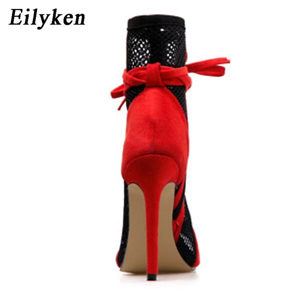 Eilyken Fashion Mesh Thin Heels Women Ankle Boots Sandals Ladies Peep Toe Pole Dancing Lace-Up Shoes b147