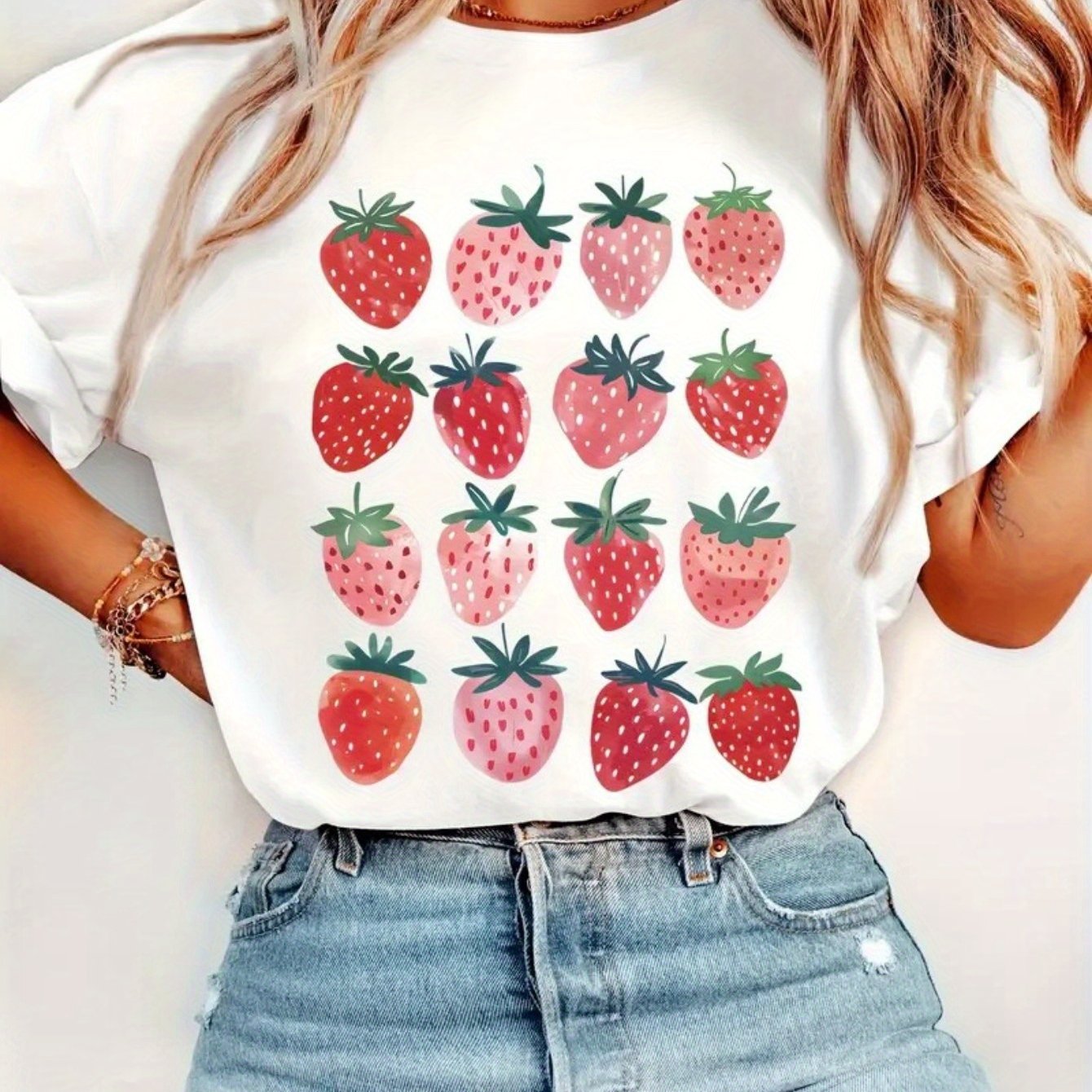 TEMU Women's Strawberry Print 100% Cotton T-shirt - Loose Fit Round Neck Short Sleeve Casual Top, Breathable Summer Party & Casual Attire, Machine