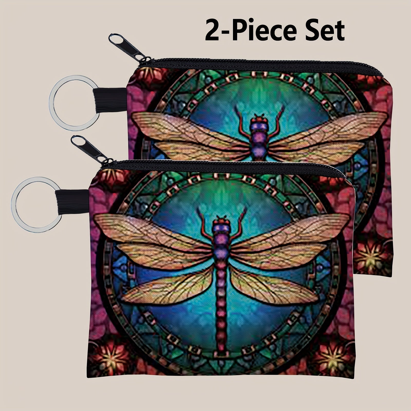 TEMU 2pcs Set Of Colorful Dragonflies Patterned Small Zipper Purses – Portable, Multi-functional Coin And Card Holder – Great Gift For Women And
