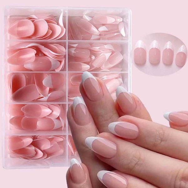 360Pcs-box Glossy Soft Gel Pink French Nail Tips Medium Almond White Simple Press On Nails 10Grids Huge Capacity False Nails* XJ241025