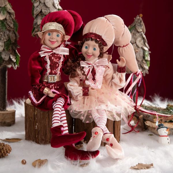 2 bendable arms and legs Christmas elf statue dolls hanging on the shelf for decorating red green home decor 240926