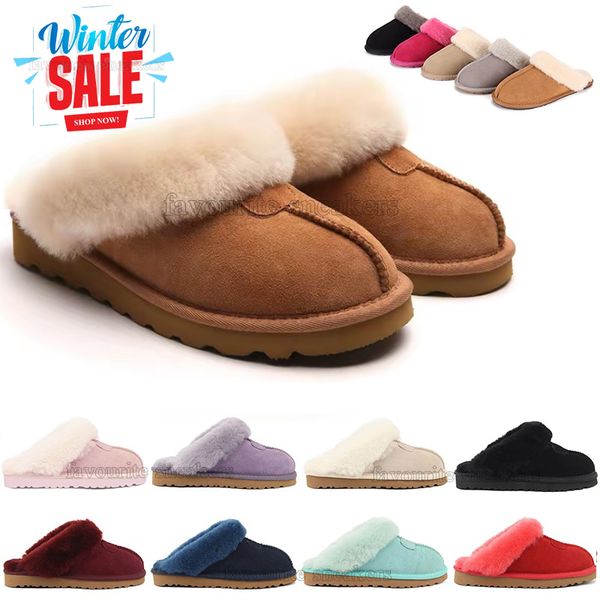 Suede upper Fur Slipper Flat Winter Scuffs Rubber Slides For Womens Men Warm Basic Plain classic furry Slippers Slip On Sandals
