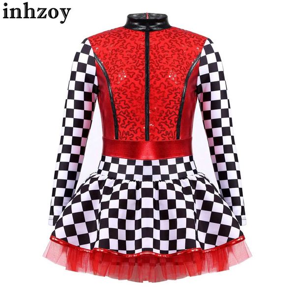 Dancewear Girls Racer Racing Driver Costume Checkerboard Long Sleeve Sequins Patchwork Skirted Jumpsuit Halloween Cosplay Party OutfitL2405