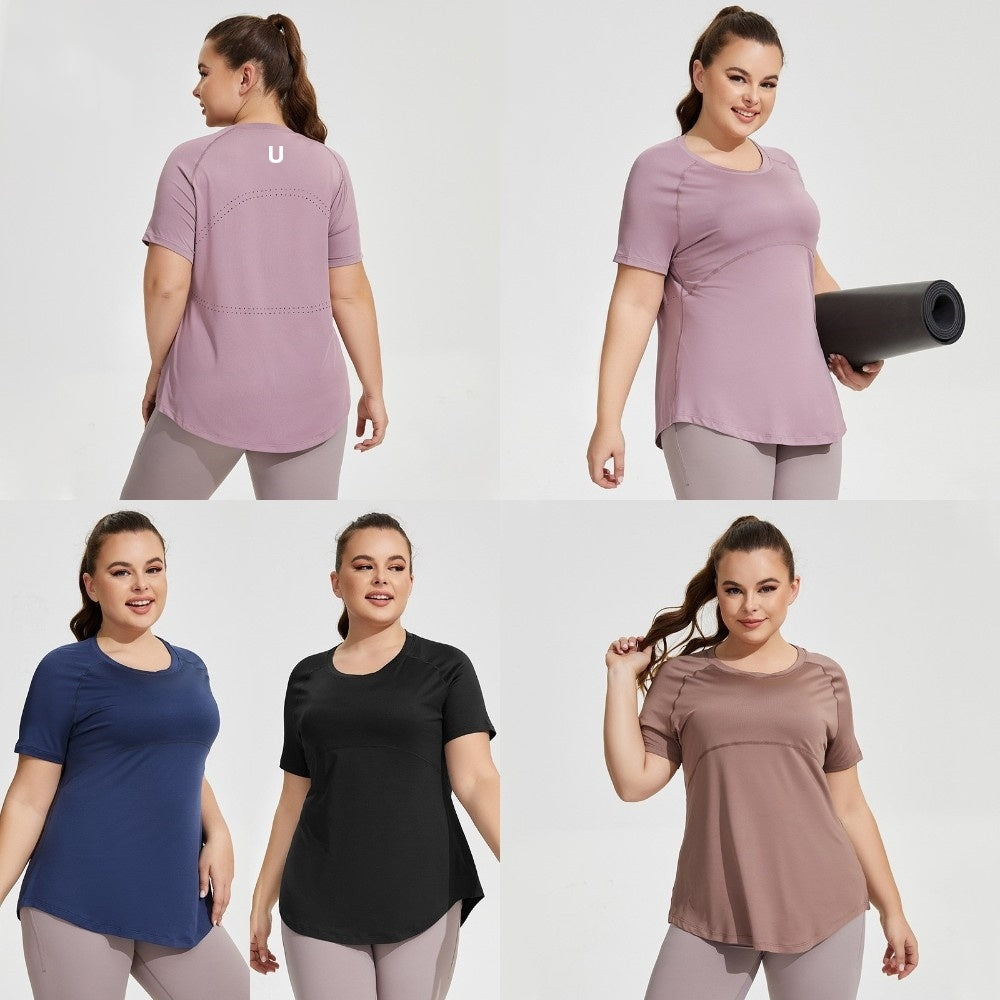 UU-1167 Women Large Size T shirt Long Buttocks Cover Thin Yoga Clothing Mesh Back Breathable Short Sleeve Tops Fitness Sportswear