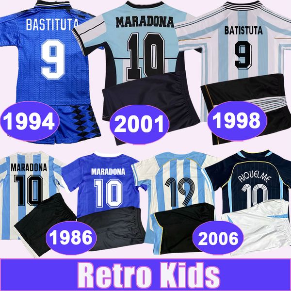 1994 BATISTUTA Kids Kit Retro Soccer Jerseys 1986 2001 MARADONA Home Away Commemorate Blue White Vintage Football Shirts Short Sleeve Unifor