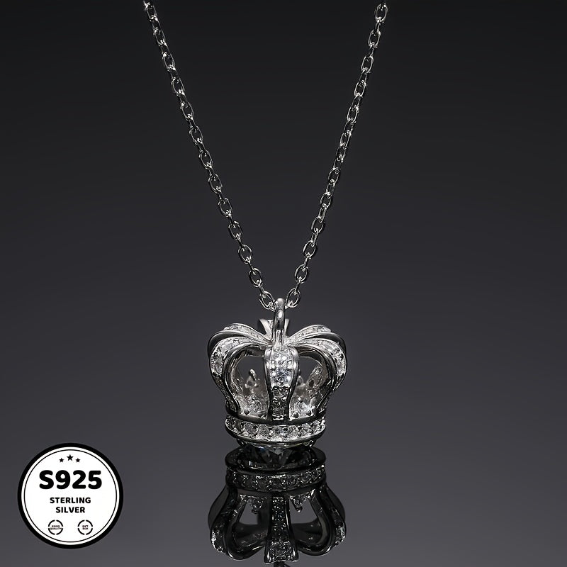 TEMU 925 Sterling Silvery Crown Pendant Necklace, Inlaid With Synthetic, Necklace For Teenager And Teenager, Jewelry, Daily Wear, Waterproof,